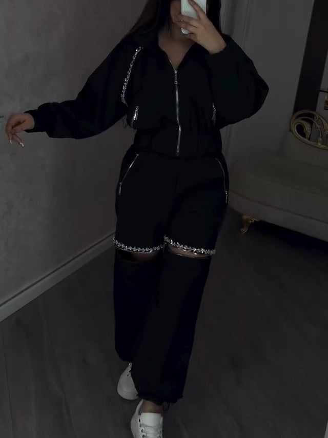Black Rhinestone Zip-Up Cropped Jacket & Cut-Out Wide Leg Pants 2-Piece Set