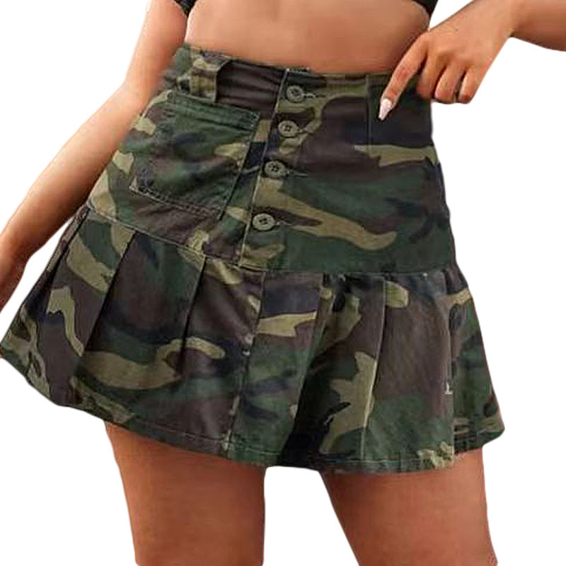 Camouflage Pleated Pocket Button Mini Skirt