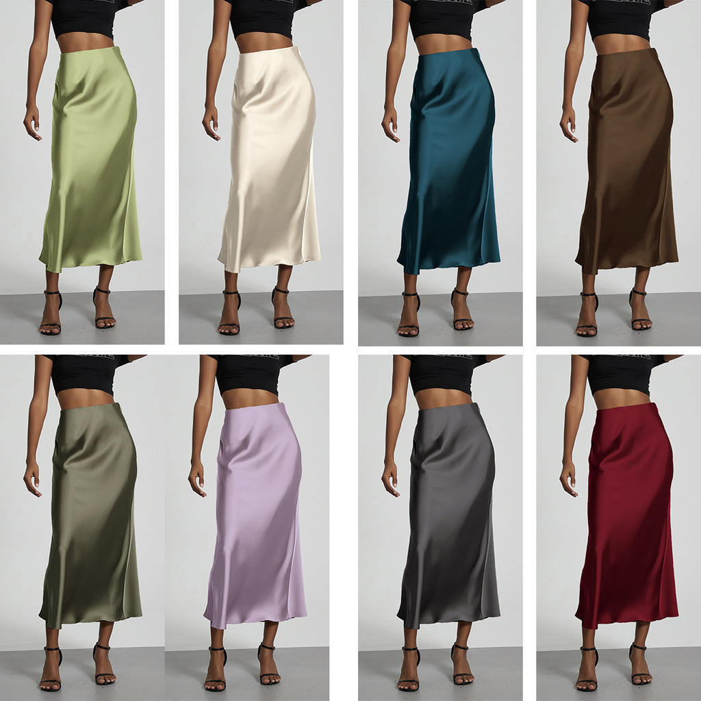 European And American Style Elegant Texture Satin Slimming Straight Mid-length Skirt