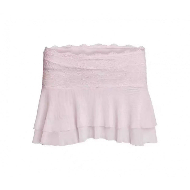 Lace Fishbone Semi-transparent Tube Top Short Skirt Suit