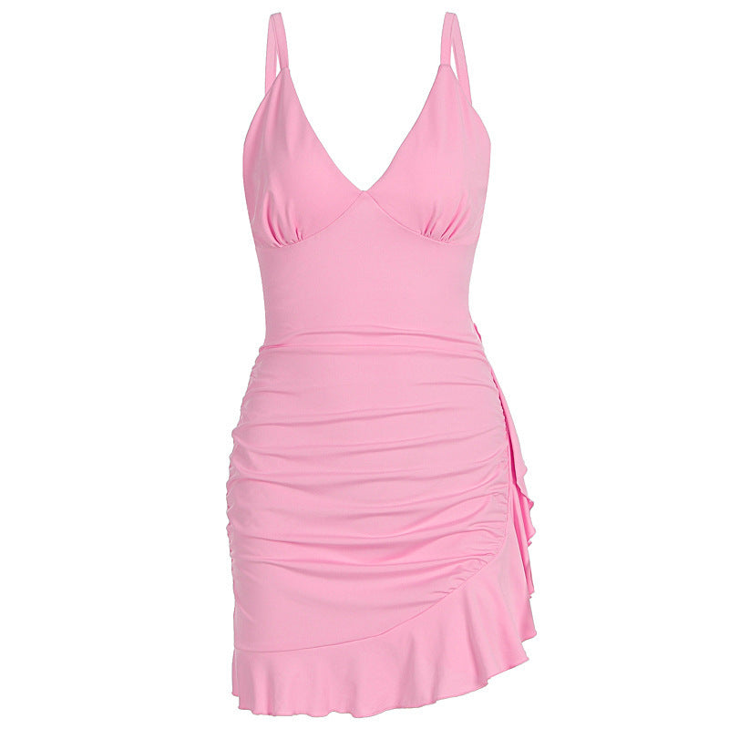 Hip-wrapped Pleated Deep Ruffled Dress