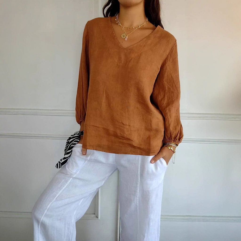 Solid-Color V-Neck Long-Sleeve T-Shirt