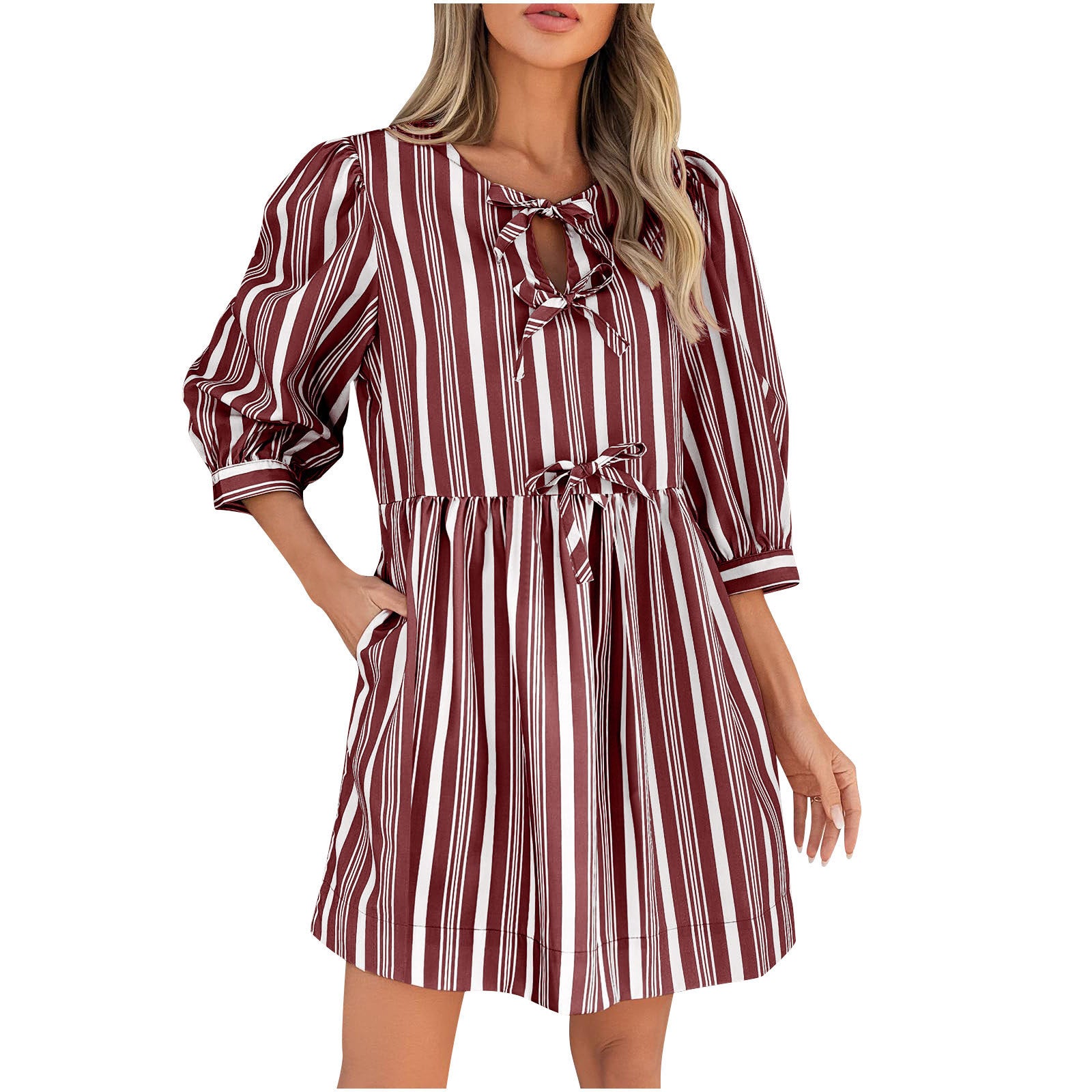 Comfort Lace-up Bow Three-quarter Sleeve Striped Dress