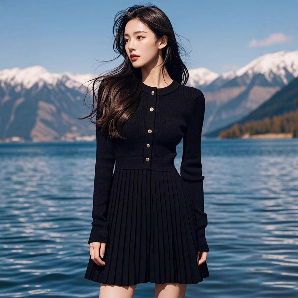 French Black Waist-cinching Knit Women's Dress