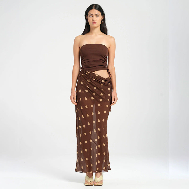 European And American Style Tube Top Hollow-out Dot Mesh Slim-fit Jumpsuit Long Dress For Women