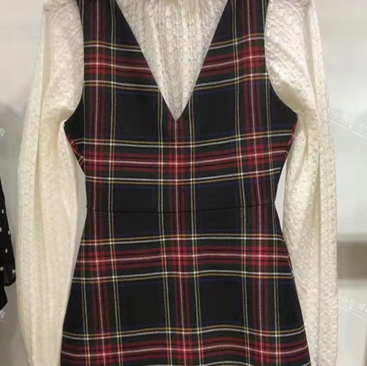 Autumn And Winter British Style Plaid V-neck Slim Fit Dress