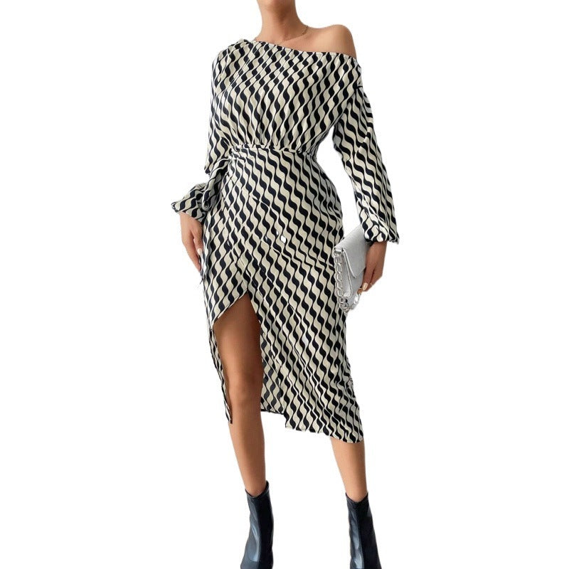 Summer Women's Waist Slant Shoulder Long Sleeve Striped Dress Long