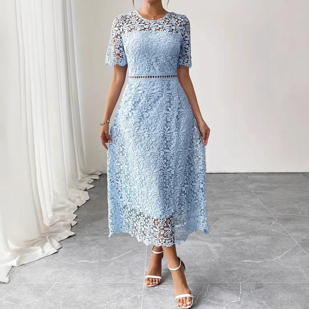 Round Neck Water Soluble Lace Short Sleeve Hollow Lace Elegant Long Dress