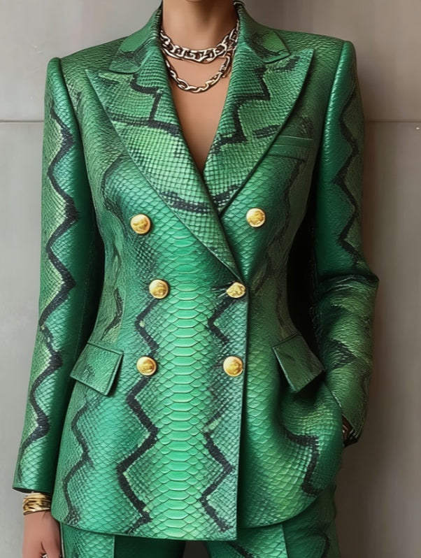 Retro Geometric Double-breasted Suit Jacket For Women, Long-sleeved, Slim Fit, Suitable For Commuting.