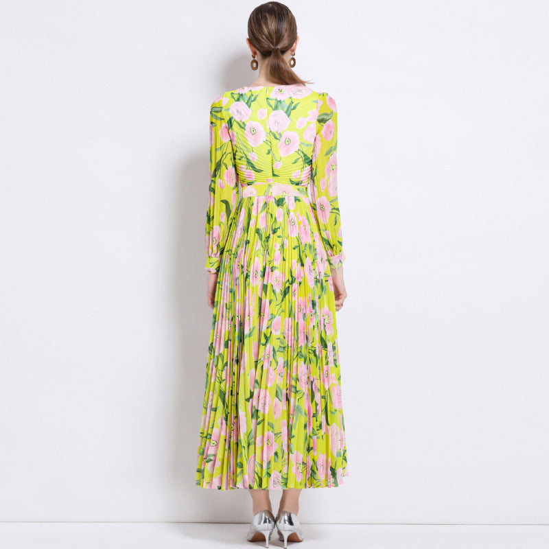 Autumn And Winter French Style Floral Slim-fitting Pleated Floral Skirt Women