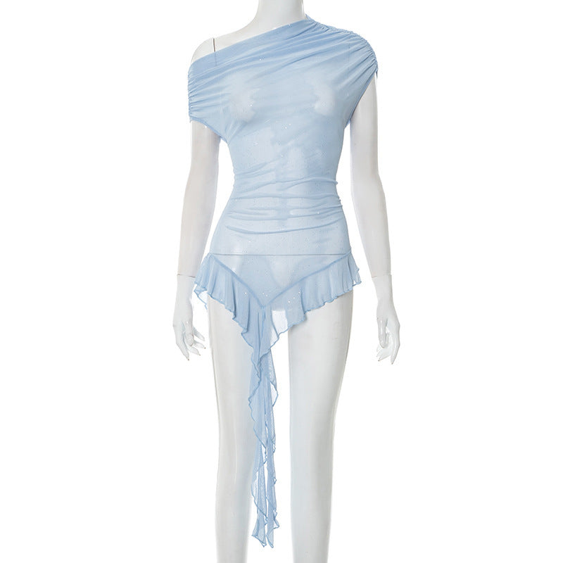 Women's Mesh Shoulder Short-sleeved Flounced Ribbon Top
