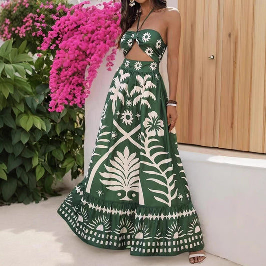 Women's Printed Fashion Waist Hanging Neck Dress