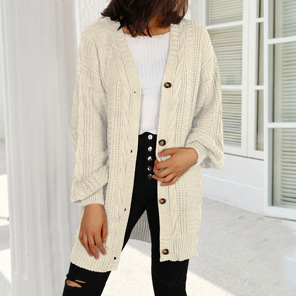 Autumn New Knitted Solid Color Plus Size Cardigan V-neck Twist Lantern Sleeve Coat For Women