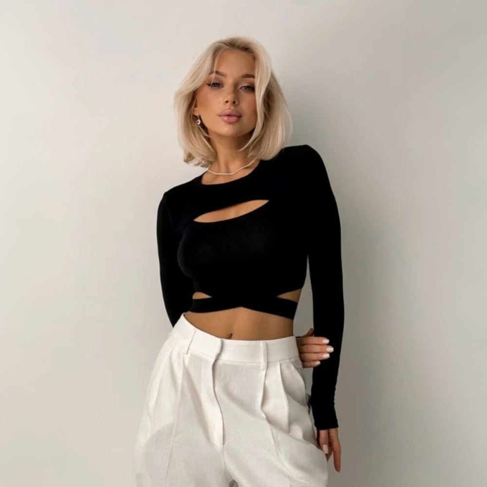 Women's Slim Fit Crop-top Short Top Hollow Out Strap Round Neck T-shirt