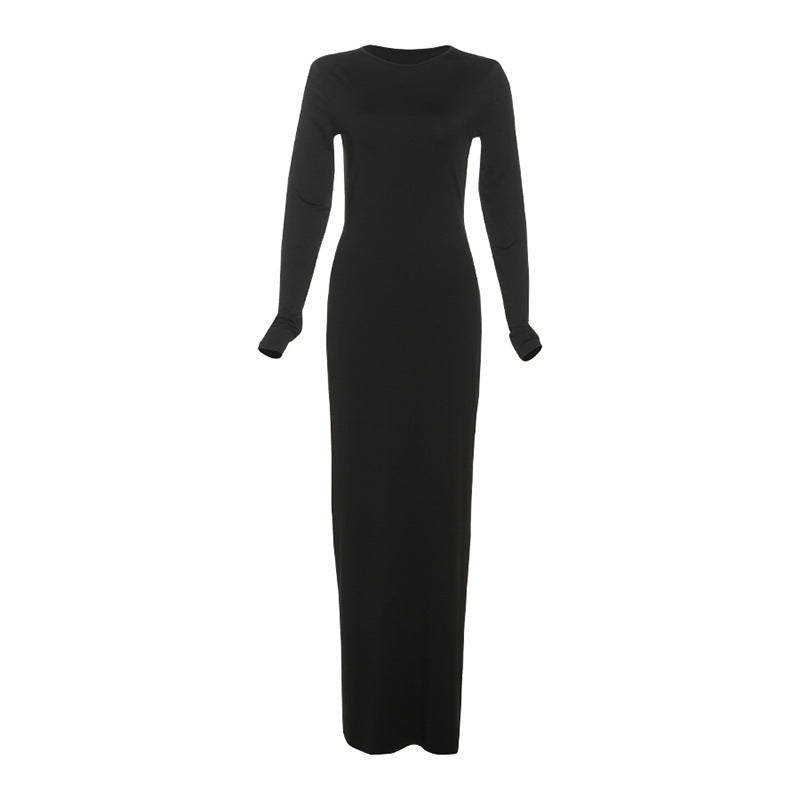 Round-neck High Waist Backless Solid Color Long Sleeve Dress Women