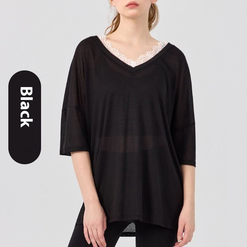 Pilates Yoga Clothes V-neck Lace Solid Color Short Sleeve Blouse
