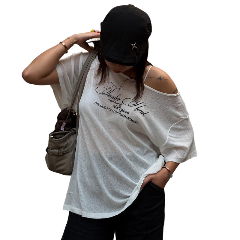 Women's Thin Letter Print Design Shoulder Short Sleeve T-shirt