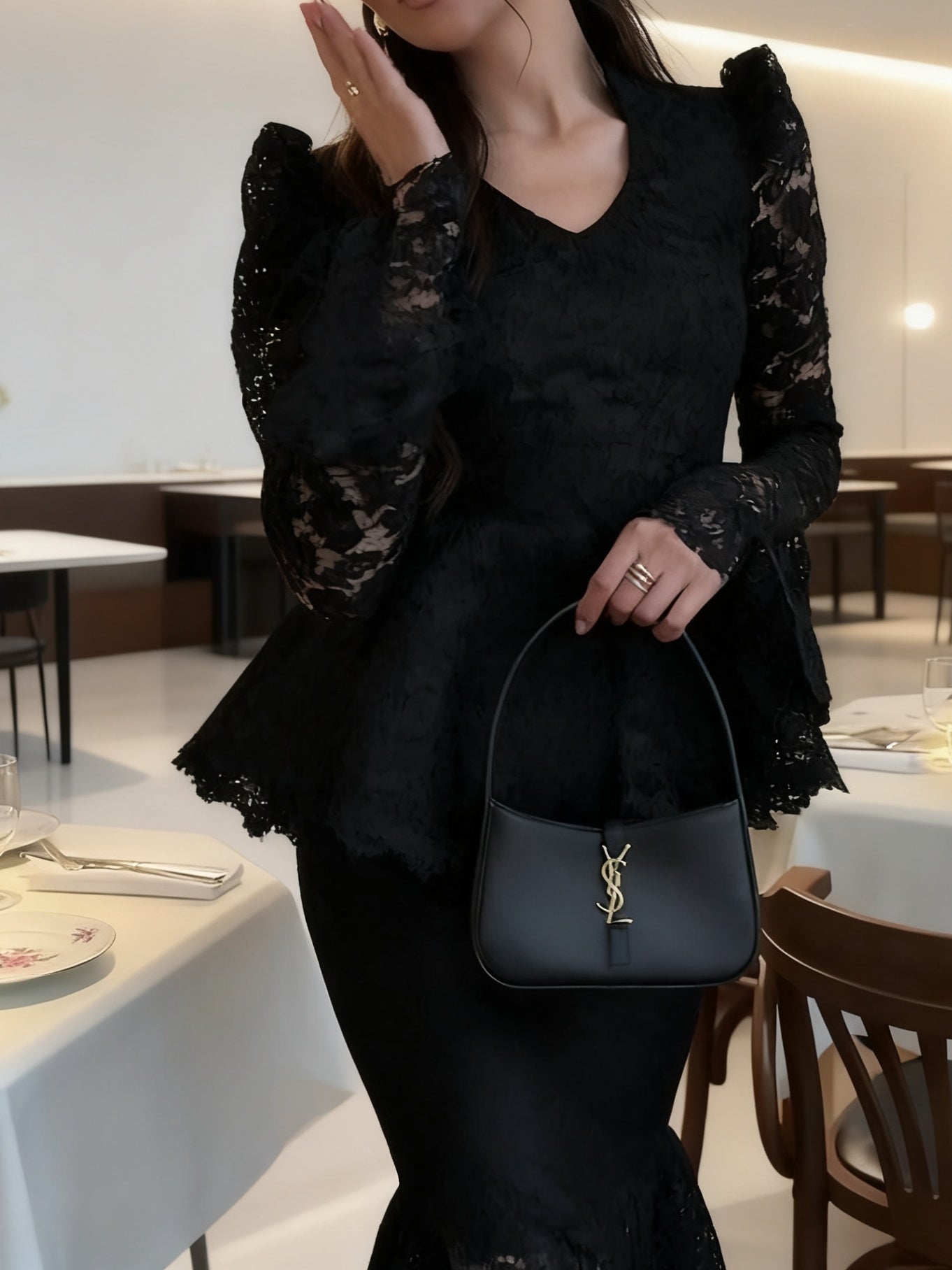 Glamorous Black Lace Peplum Top & Midi Skirt Set