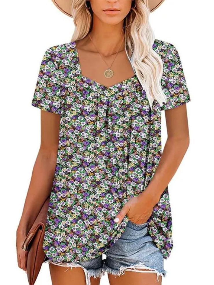 Women's Clothing Square Collar Short Sleeve Printed Loose T-shirt