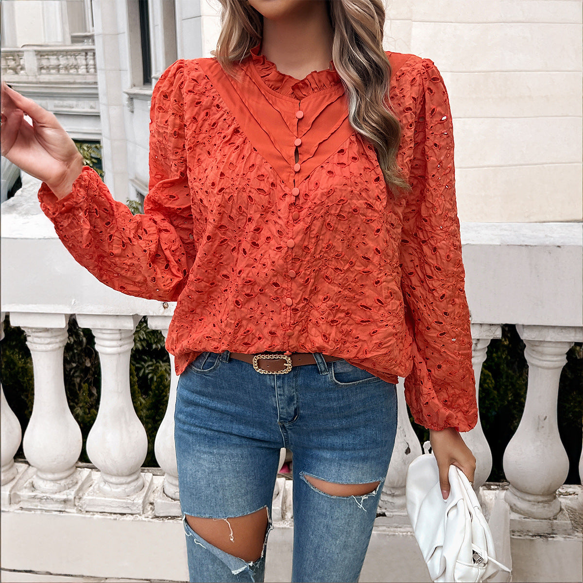 Temperament Leisure Ripped Polo Puff Sleeve Cardigan Button Long Sleeve Top