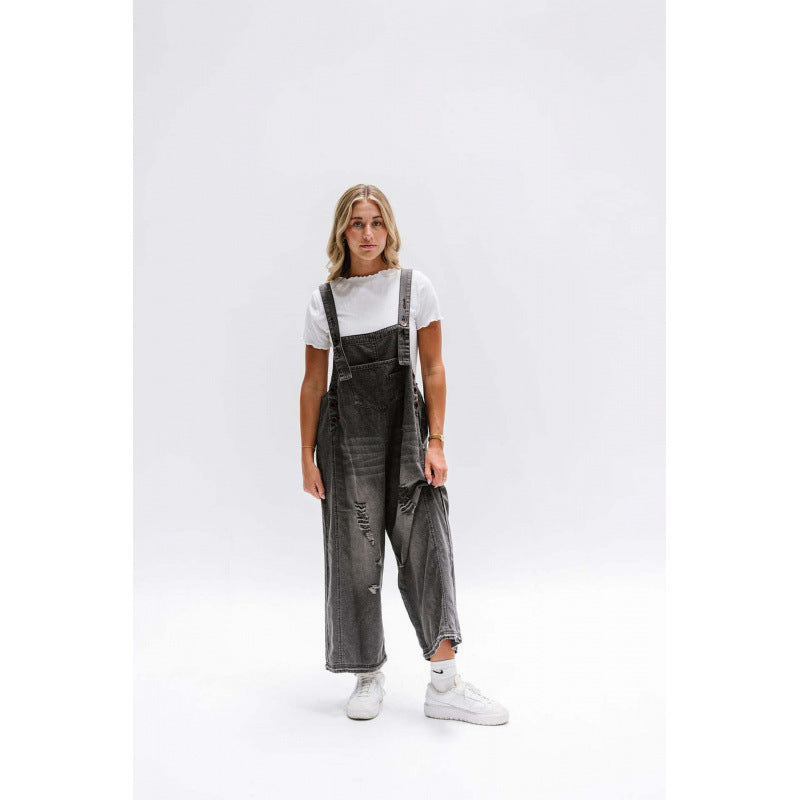Retro Make Old Ripped Loose Wide Leg Denim Suspender Pants