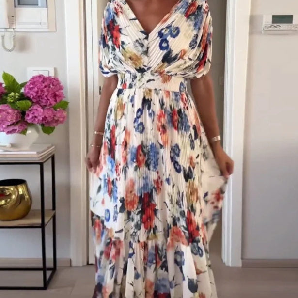 Elegant V-neck Printed Pleated Dress Women