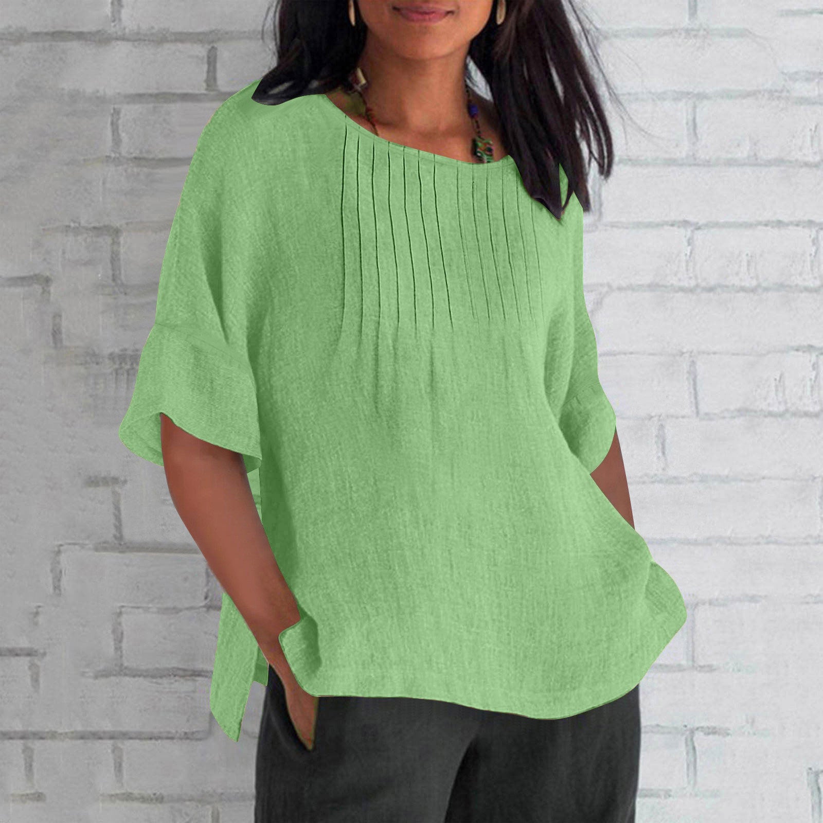 Three-quarter Sleeve Pleated Round Neck Cotton And Linen Shirt Top