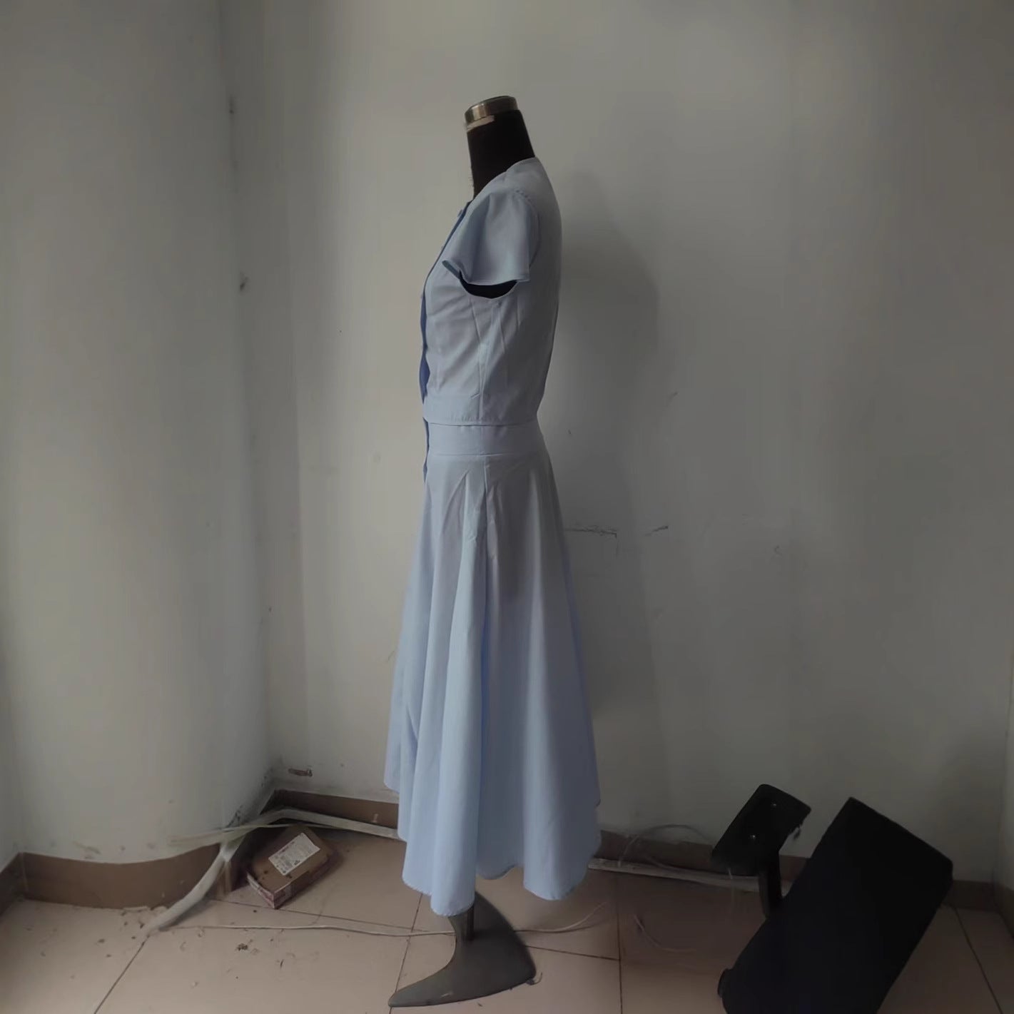 Solid-Color Buttoned Short-Sleeve Top And Flared Maxi Skirt Two-Piece Set