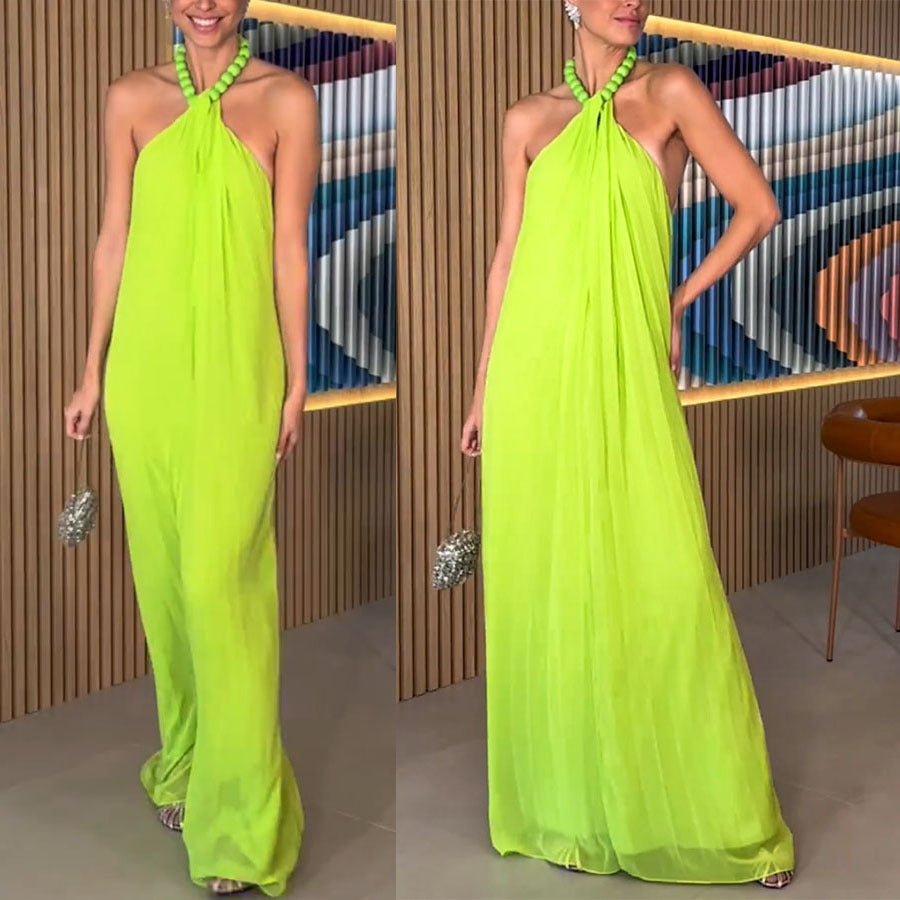 Spring And Summer Chiffon Pleated Halter Dress
