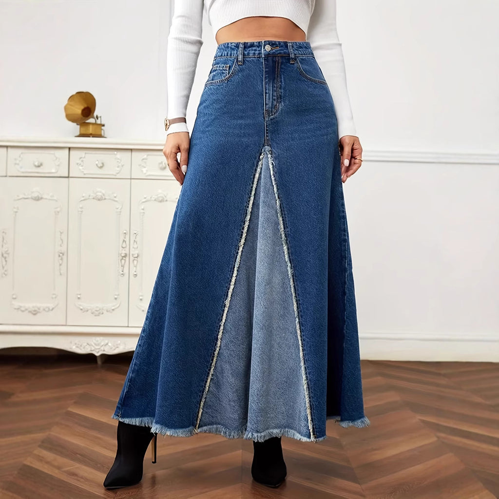 Womens Patchwork Denim Raw-Hem Skirt