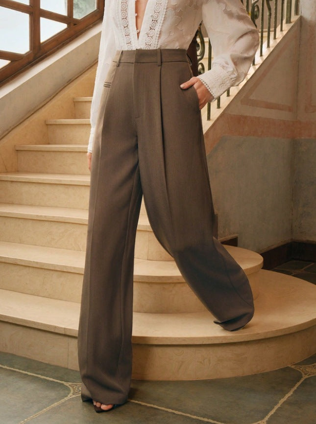 Womens High-Waisted Versatile White Straight-Leg Suit Pants