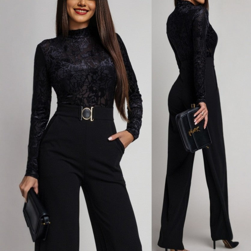 Womens Spring Autumn Lace-Panel Long-Sleeve Jumpsuit