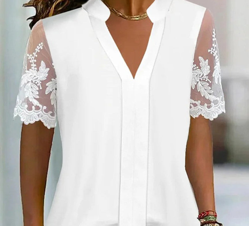 Casual White V-Neck Lace Short-Sleeve Top