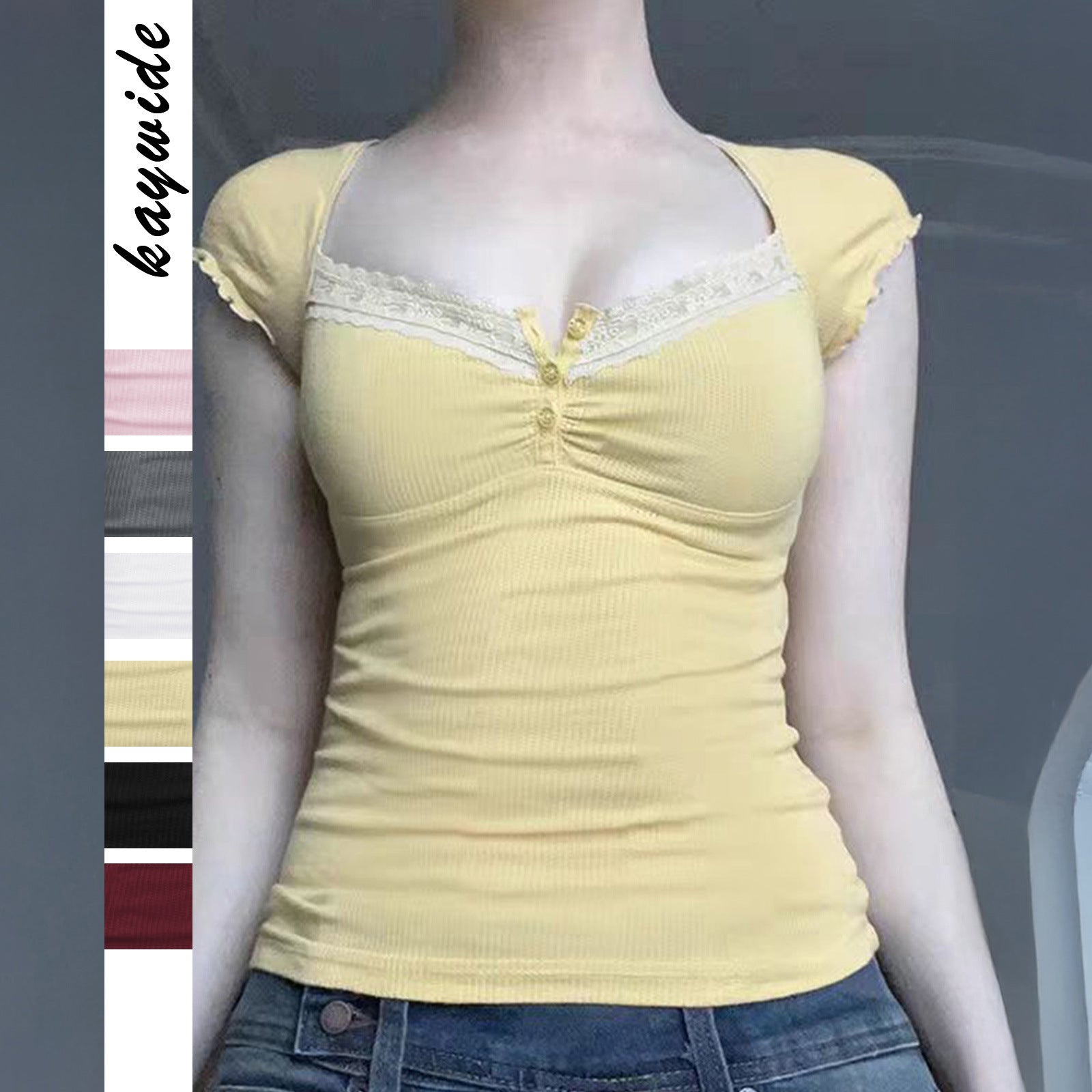 Y2g Lace Stitching Square Collar Knitted T-shirt Sweet Hot Girl Slim Short-sleeved Tops