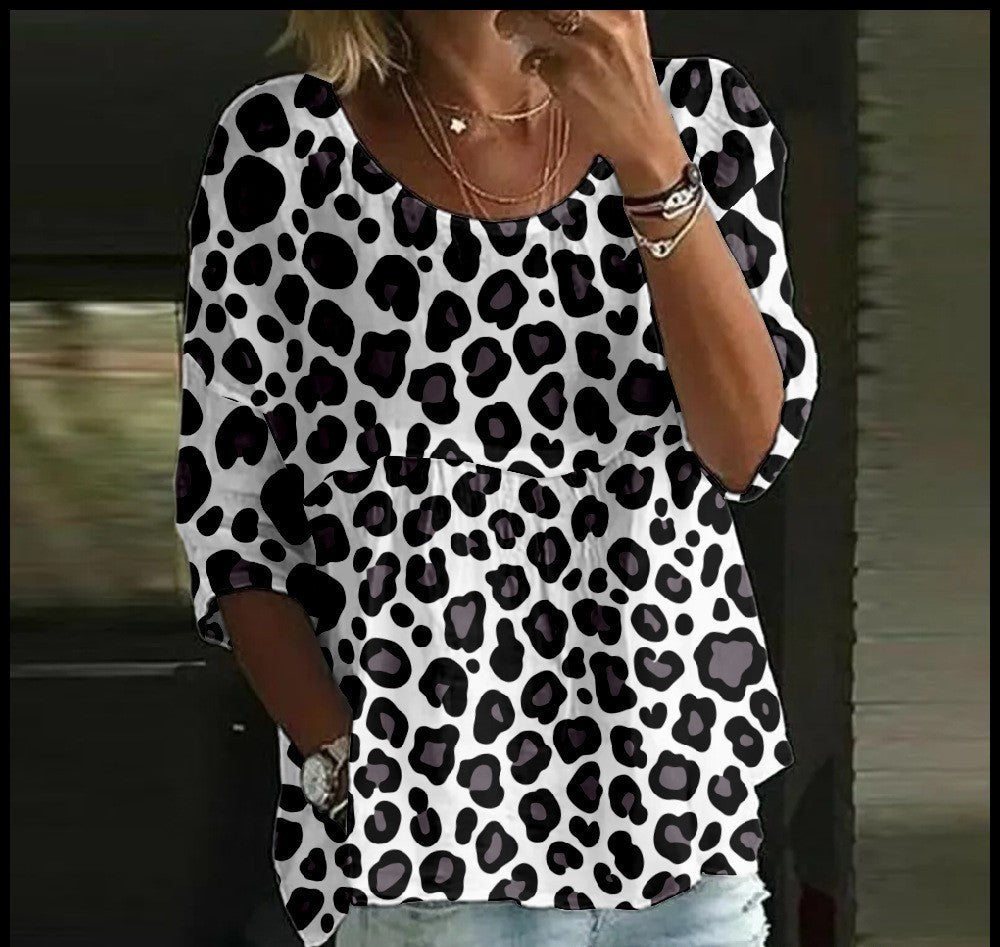 Women's T-shirt Casual Spider Bat Digital Print Mid Sleeve Pleated Round Neck Top