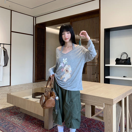 Summer Puppy Printed Two-piece Set Sun Protection T-shirt Halter Spaghetti Straps