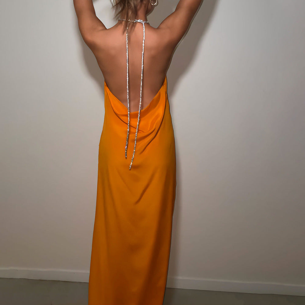 Premium Satin Halter Dress Sexy Backless Pure Color Split