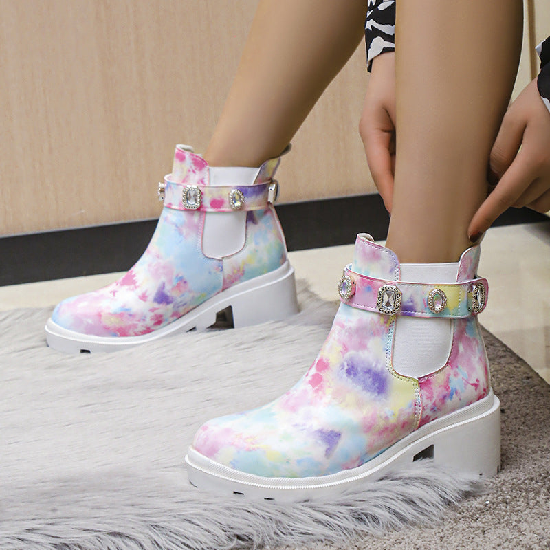 Euro-American Fashion Rhinestone Chunky-heel Trendy Boots