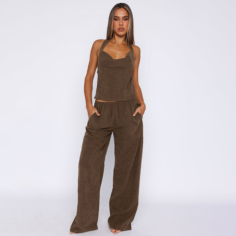 Solid Color Sleeveless Cross Strap Straight-leg Trousers Suit