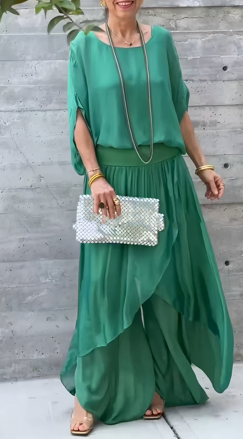 Top Split Wide Leg Pants Chiffon Casual Suit