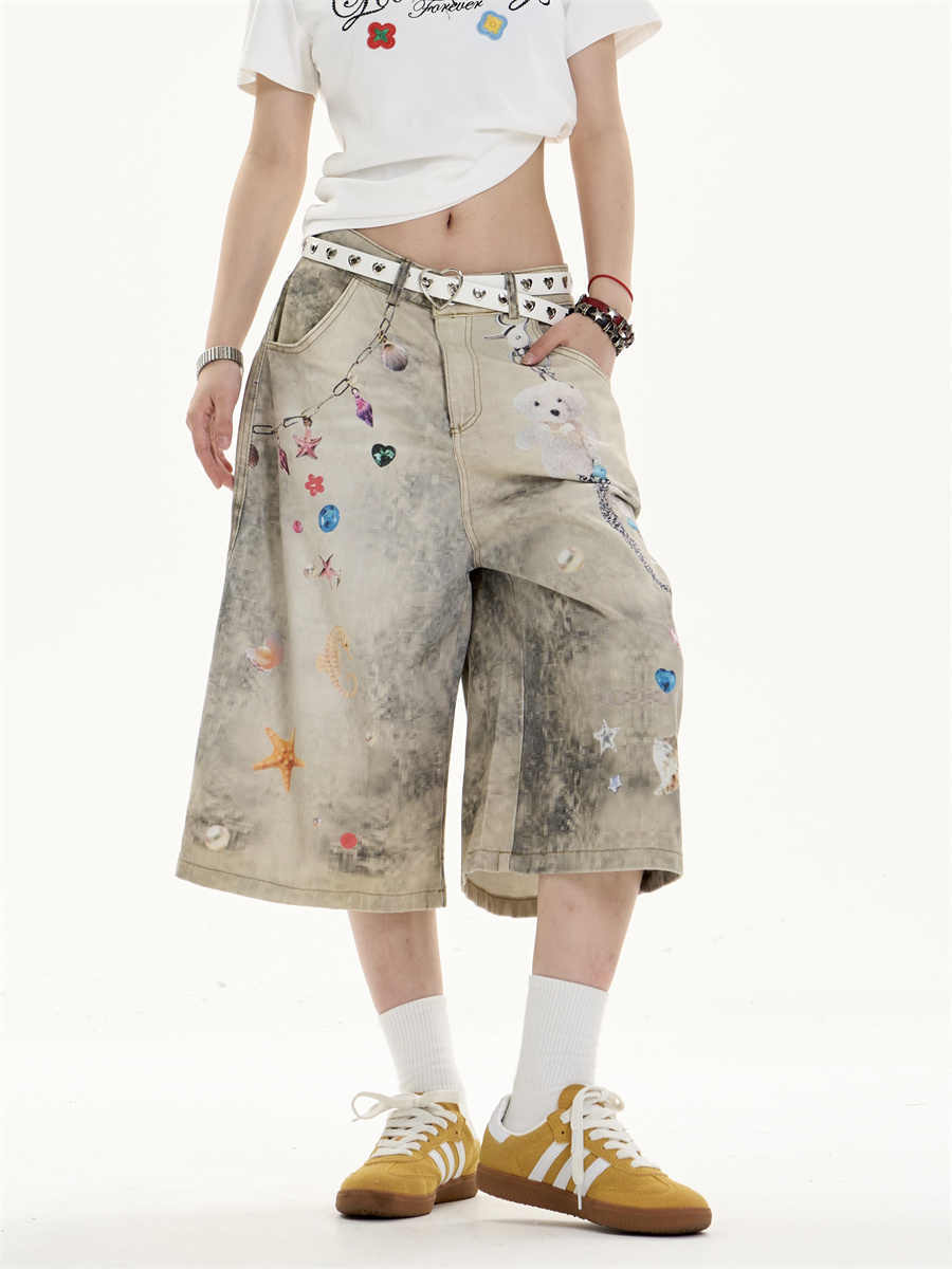 Creative Women's Straight Loose Printed Wide-leg Cropped Jeans