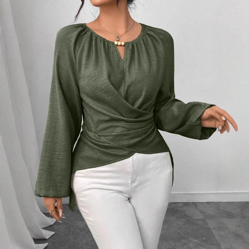 Womens Woven Long-sleeve Top With Tie Detailing And An Asymmetrical Hem