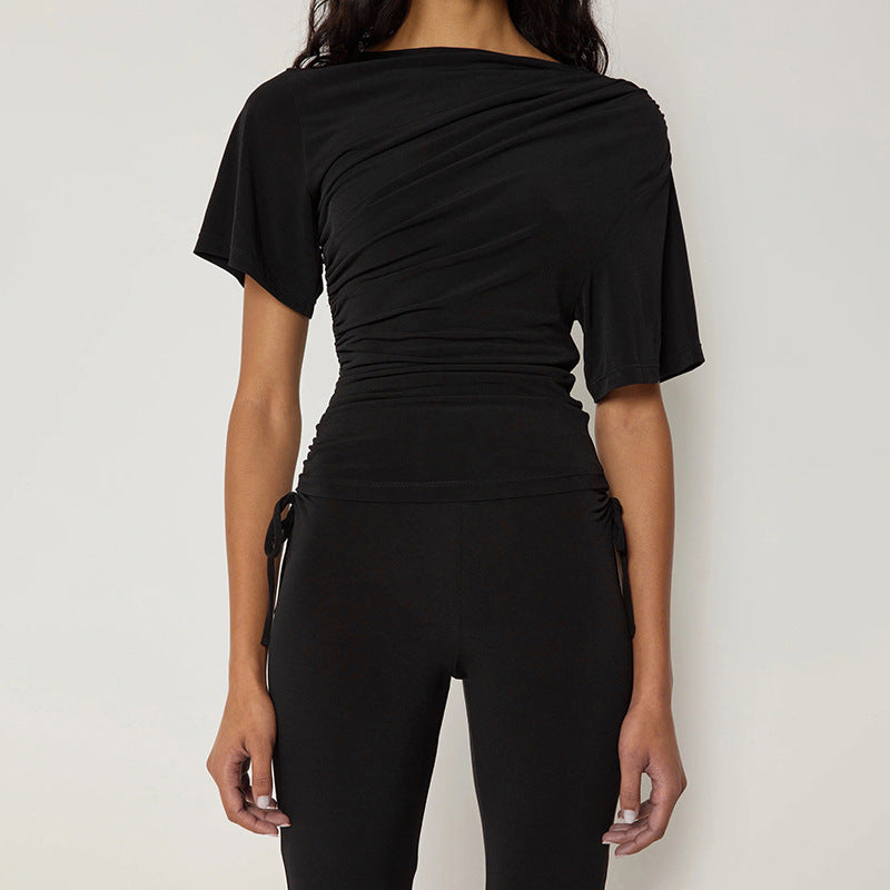 European And American Solid Color Off-neck Pleated Slim Vest T-shirt