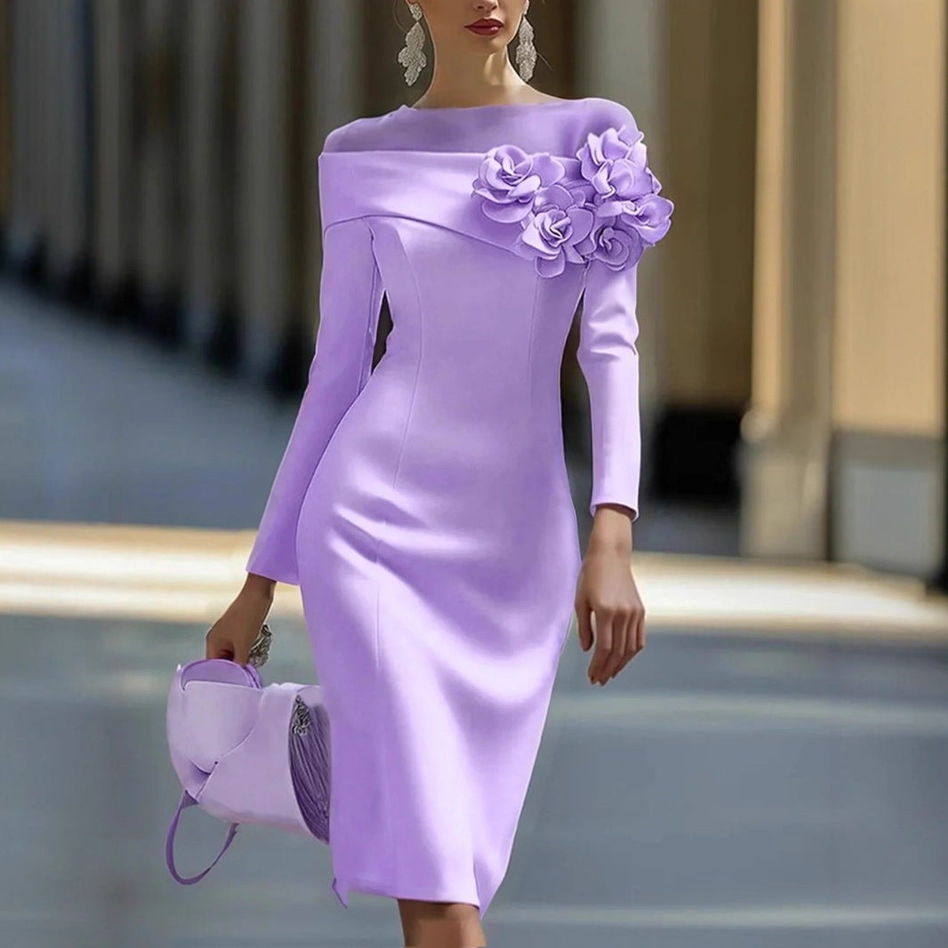 Floral-decorated Solid-color Slim-fit Dress