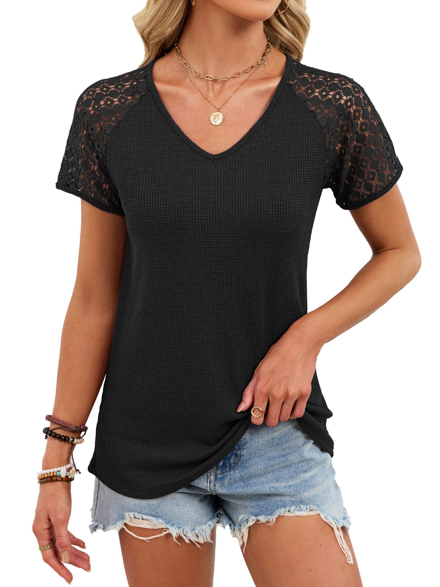 V-Neck Waffle-Knit Grace Panel-Sleeve Casual T-Shirt