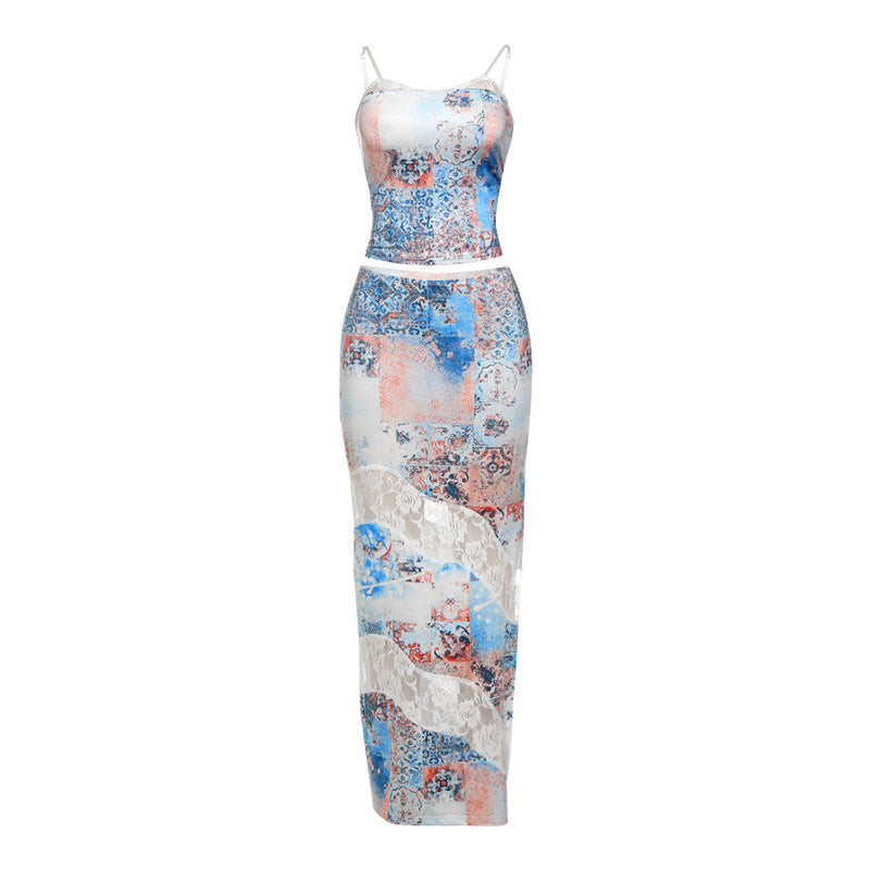 Design Hot Girl Lace Printed Sling Slim Fit High Waist Slit Skirt Suit