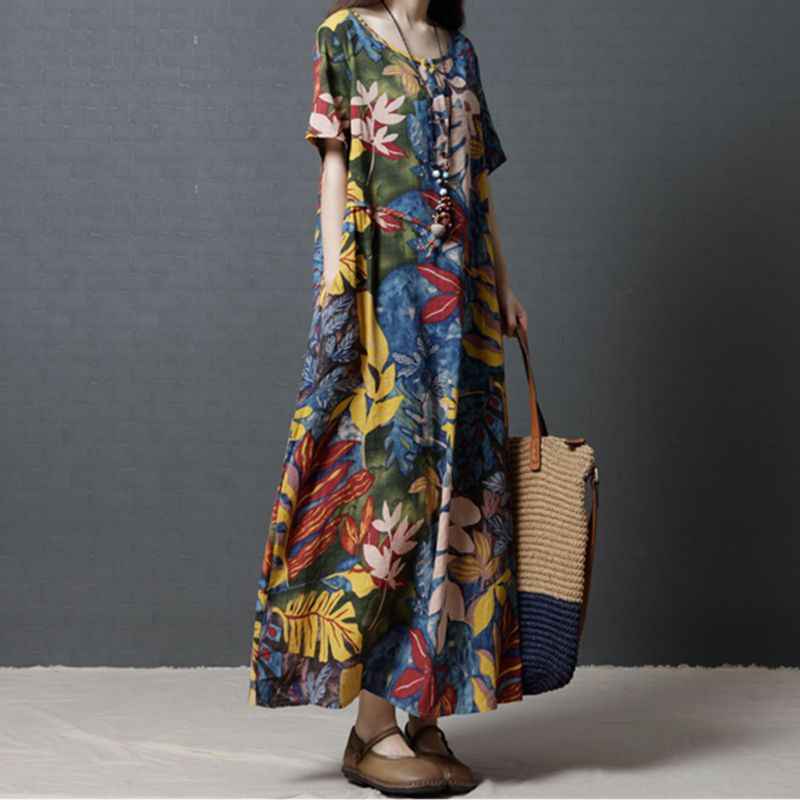 Retro Artistic Ethnic Style Oversized Loose-fitting Pattern Print Short Sleeve Dress
