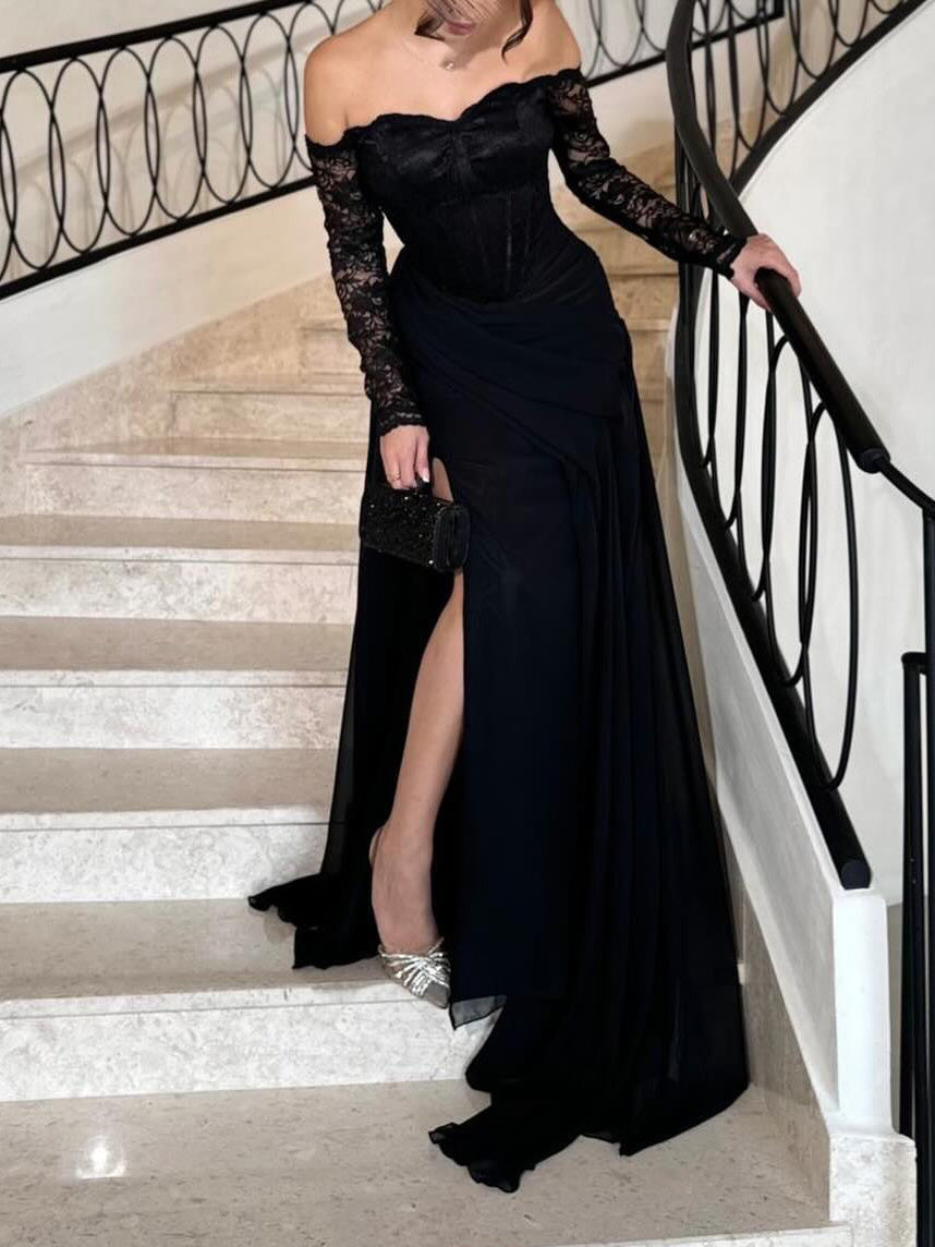 Black Off - Shoulder Lace - Sleeve High Slit Dress