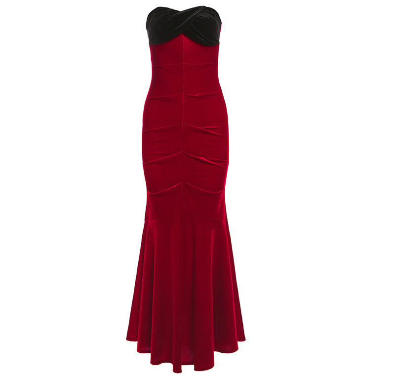 Contrast Color Sexy Socialite Off-shoulder Tube Top Package Hip Fishtail Dress Women