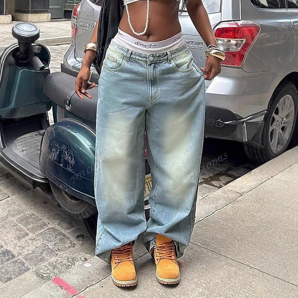 American-style Distressed Washed-out Denim Jeans